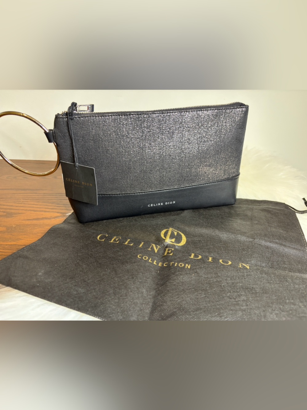 CELINE DION Metallic Black Ring Bracelet Cosmetic Pouch Clutch NWT - FLAW